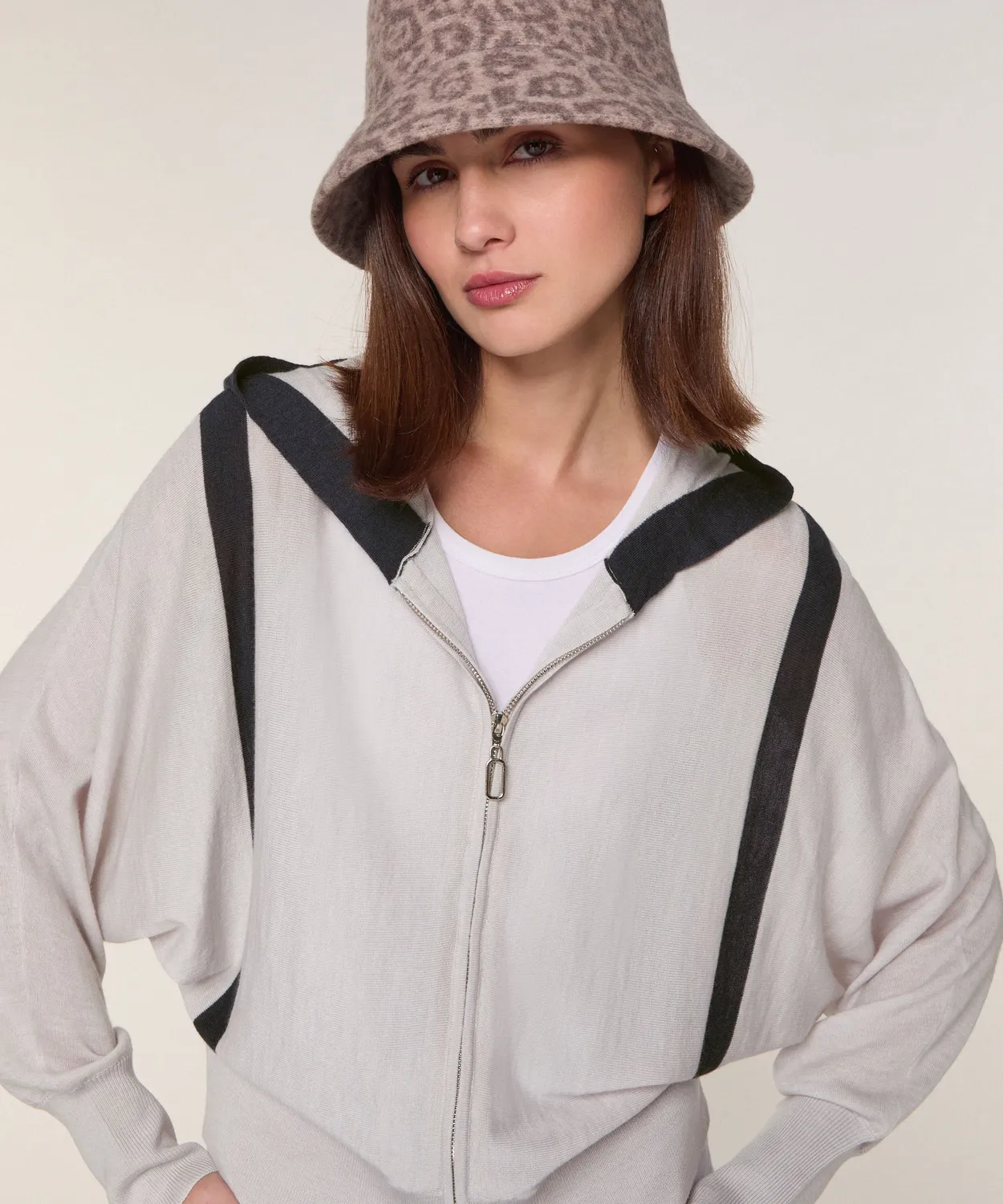 Rodier Gilet Cappuccio Lana Merino Zip Bianco