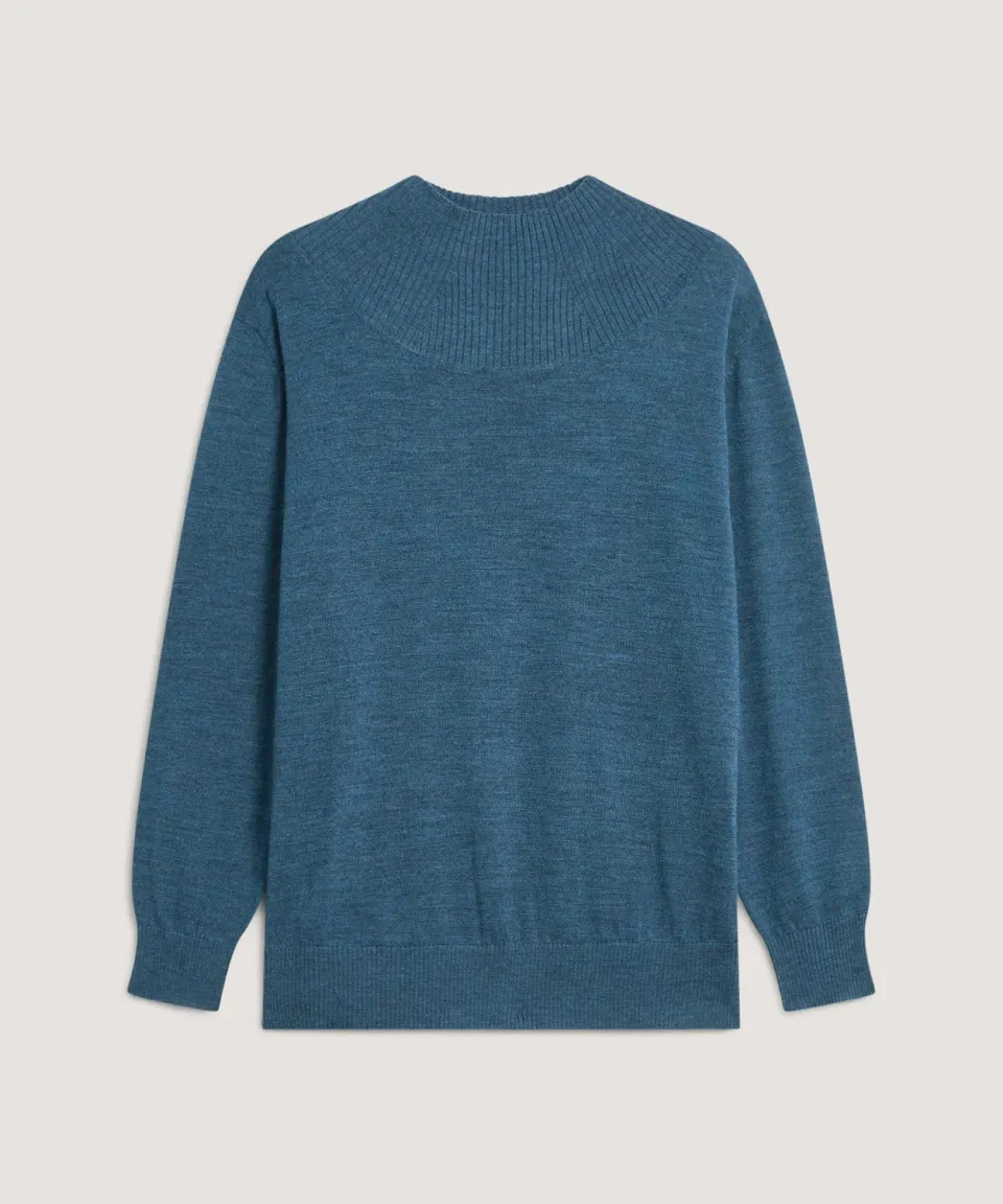 Rodier maglione collo alto donna lana merino blu denim