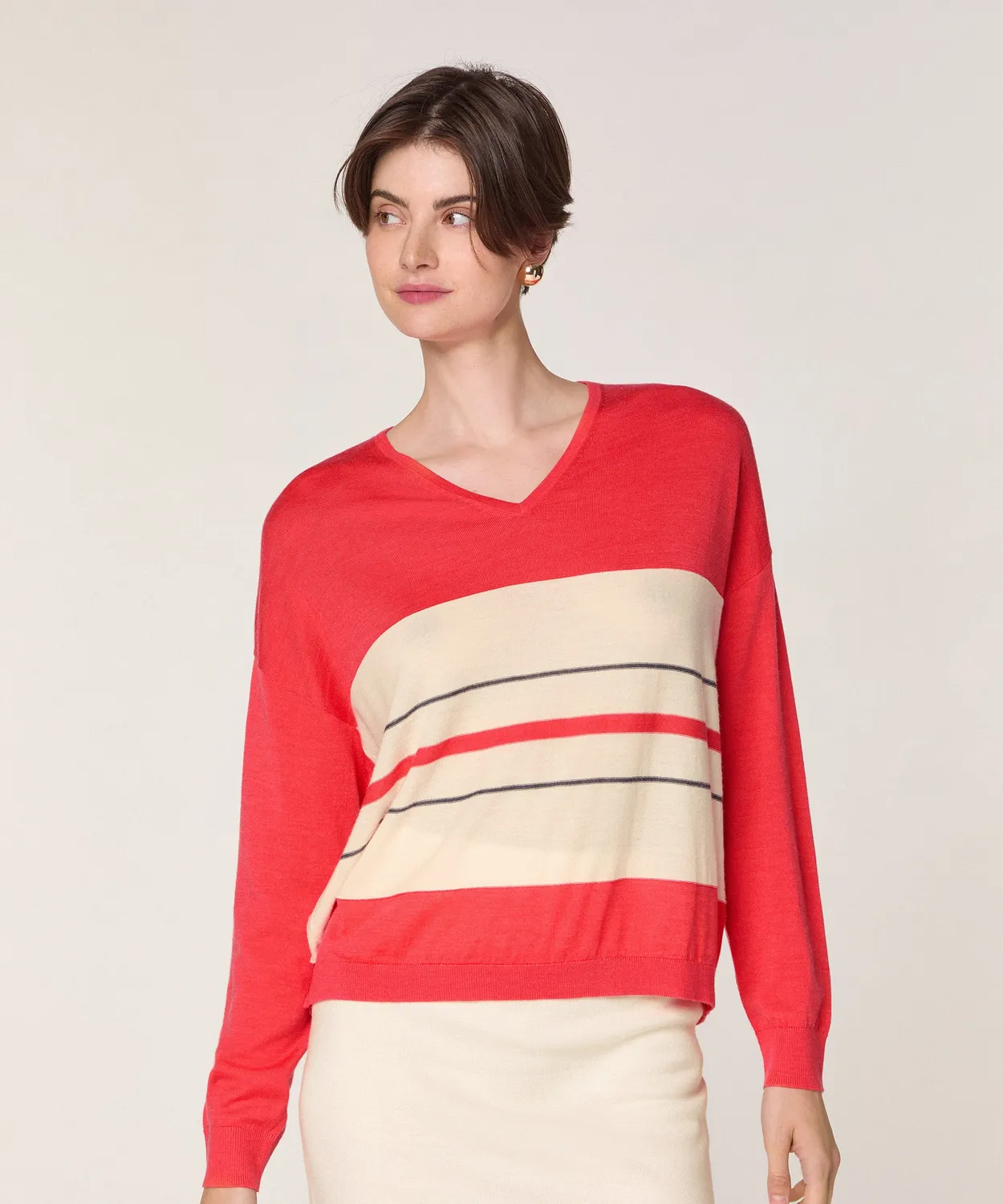 Rodier Maglione Scollo V Righe Lana Arancio Corallo