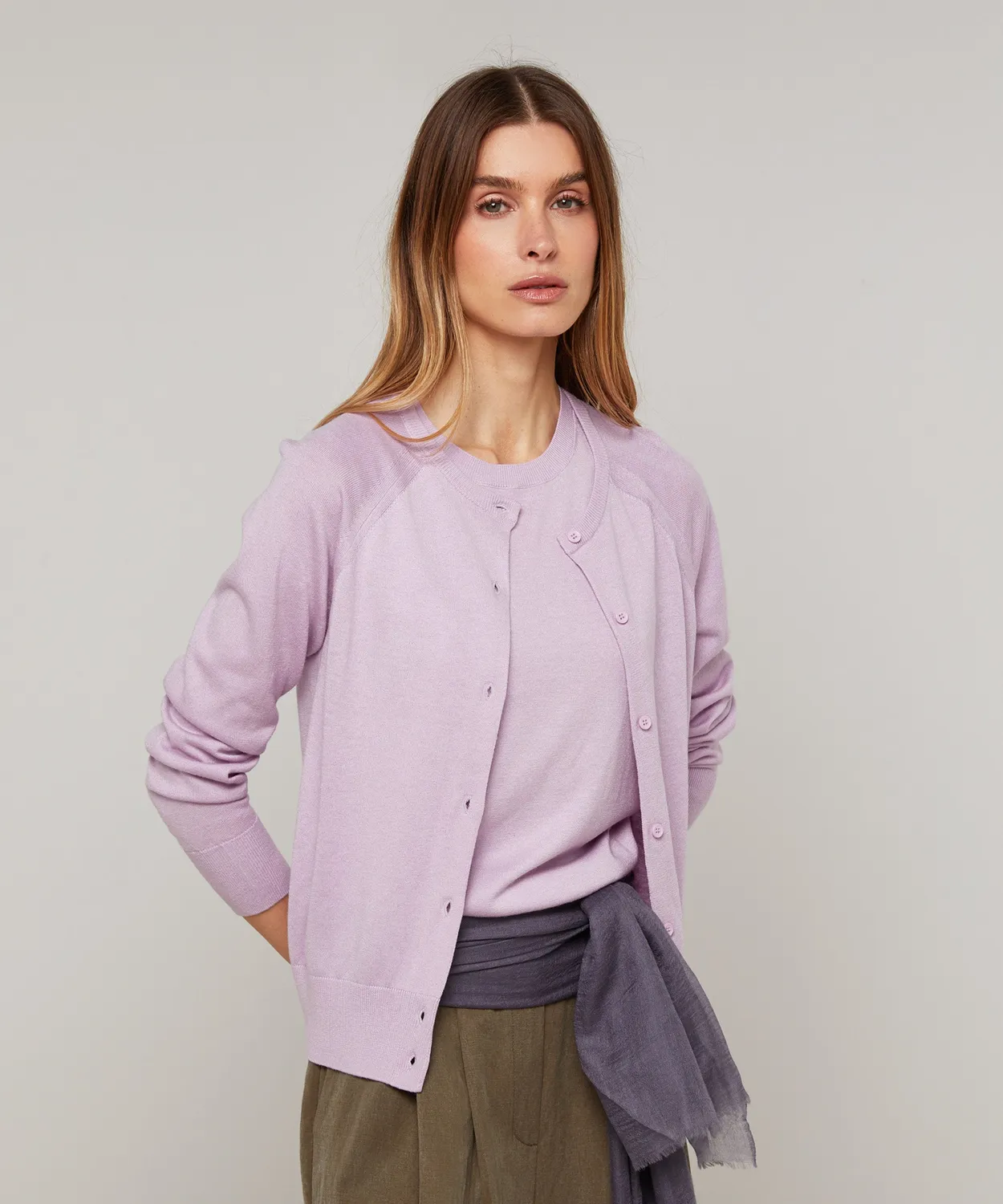Rodier twin set girocollo seta lilla top + cardigan