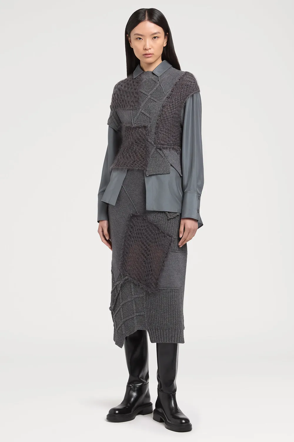 Ports 1961 Grey Wool gonna grigia smog patchwork mesh