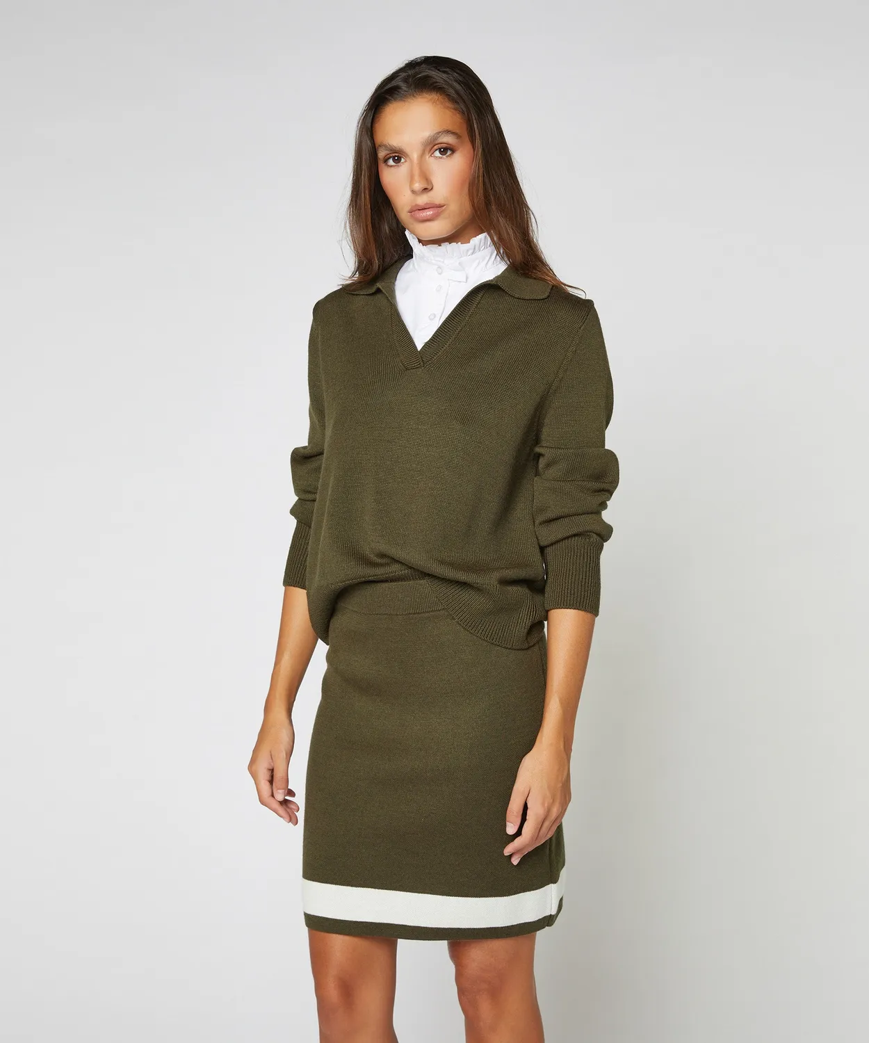 Rodier Maglione polo scollo a V kaki in lana