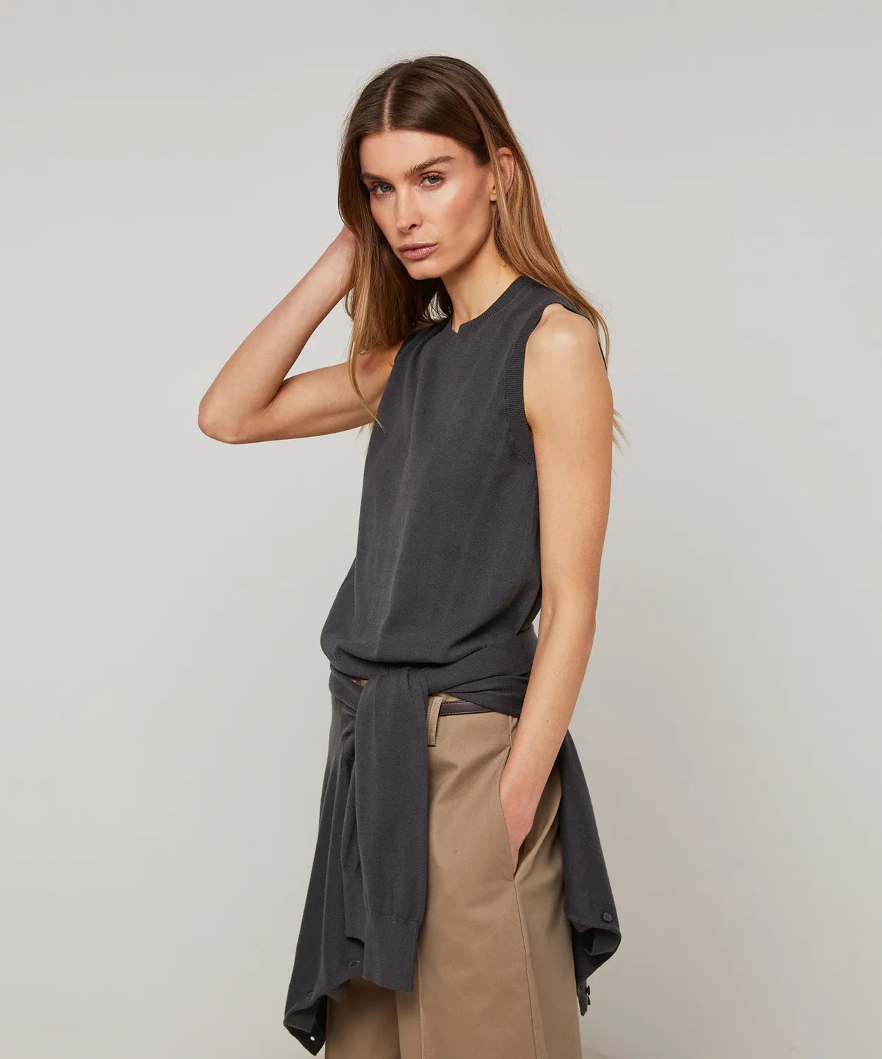 Rodier Twin set girocollo seta grigio scuro cardigan+top