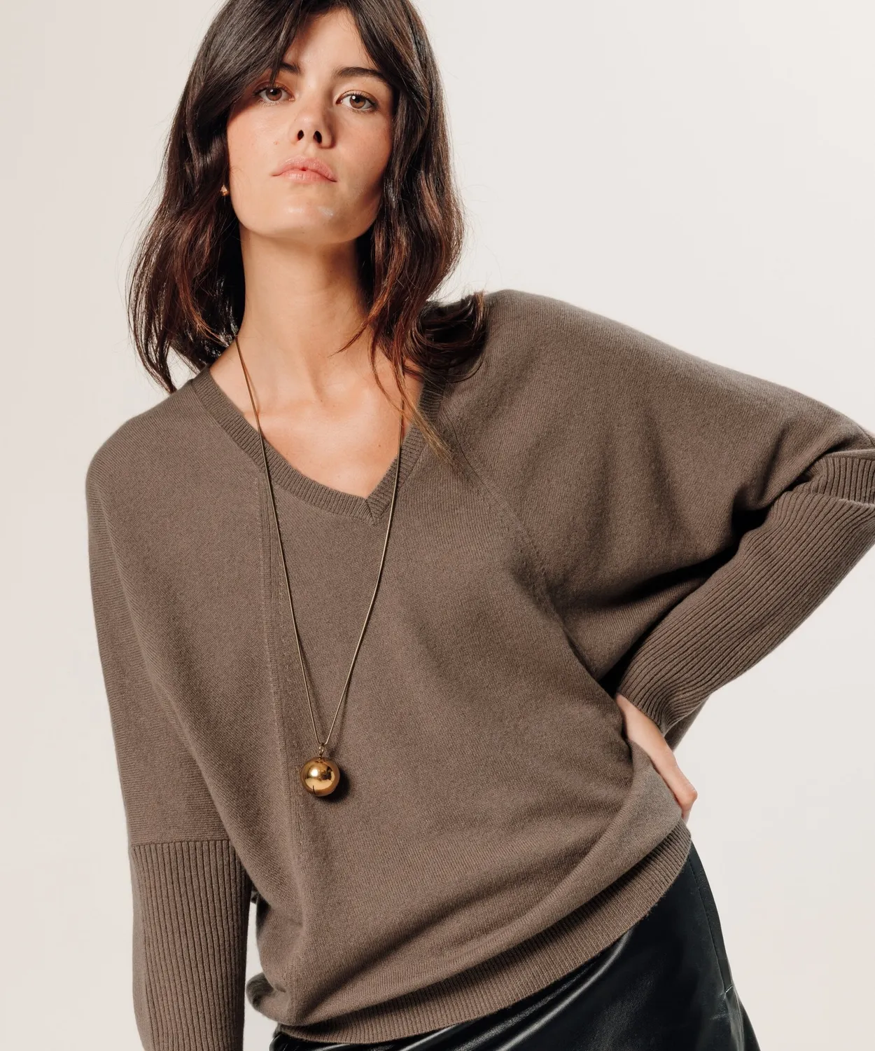Rodier maglione oversize cashmere scollo V havana