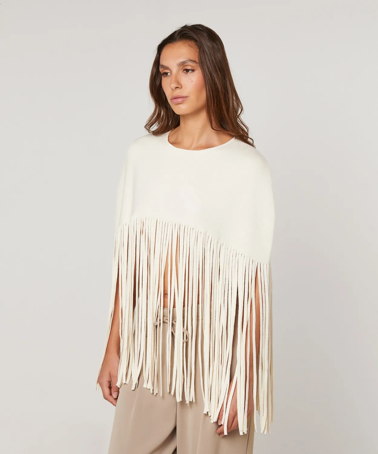 Rodier Mantella con frange Ecru maglia strutturata