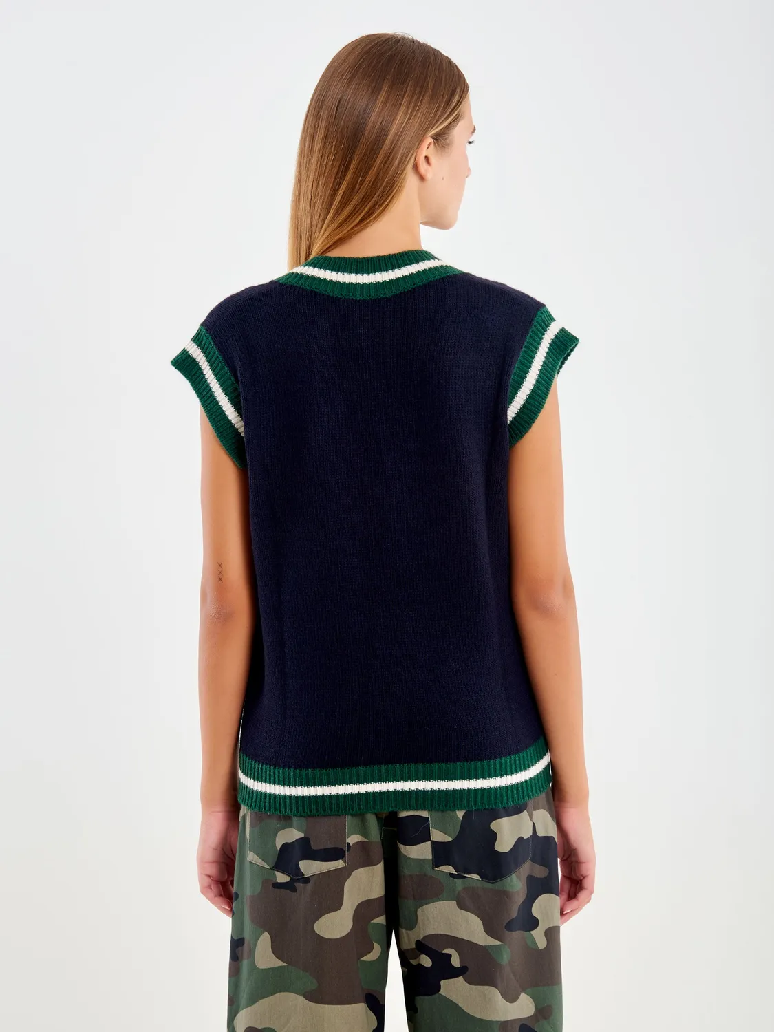 Vicolo College gilet scollo a V blu maglia costine