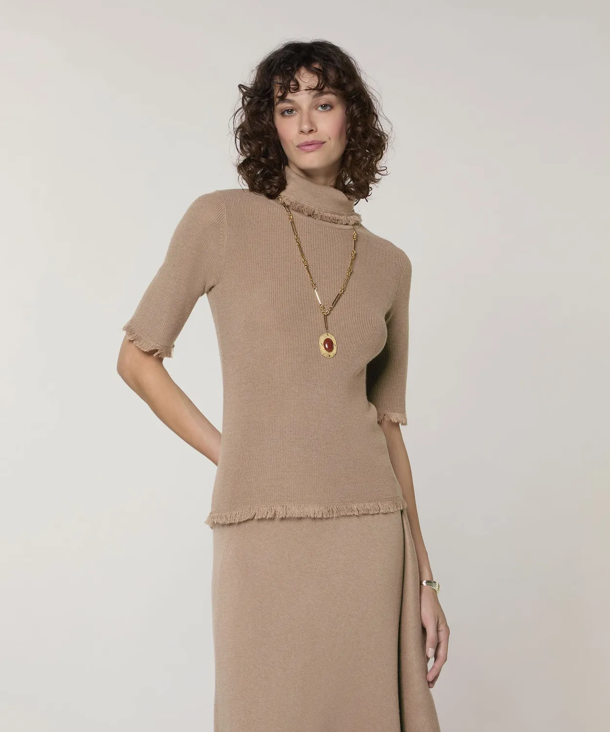 Rodier Maglione Dolcevita Maniche Corte Mocha Brown a Coste