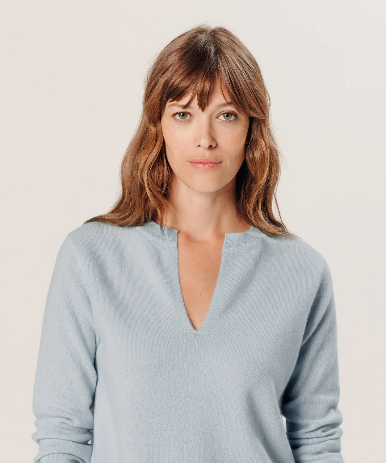 Rodier Maglione cashmere collo tunisino celeste S-XL