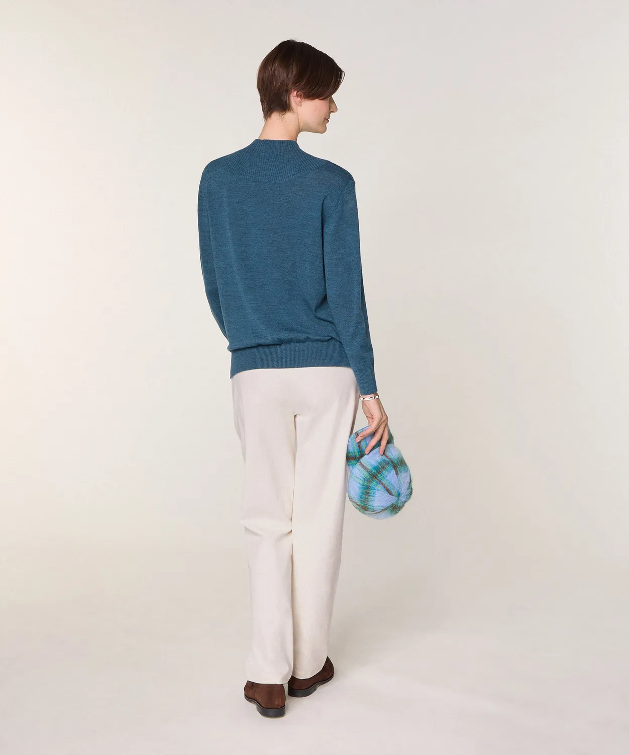 Rodier maglione collo alto donna lana merino blu denim