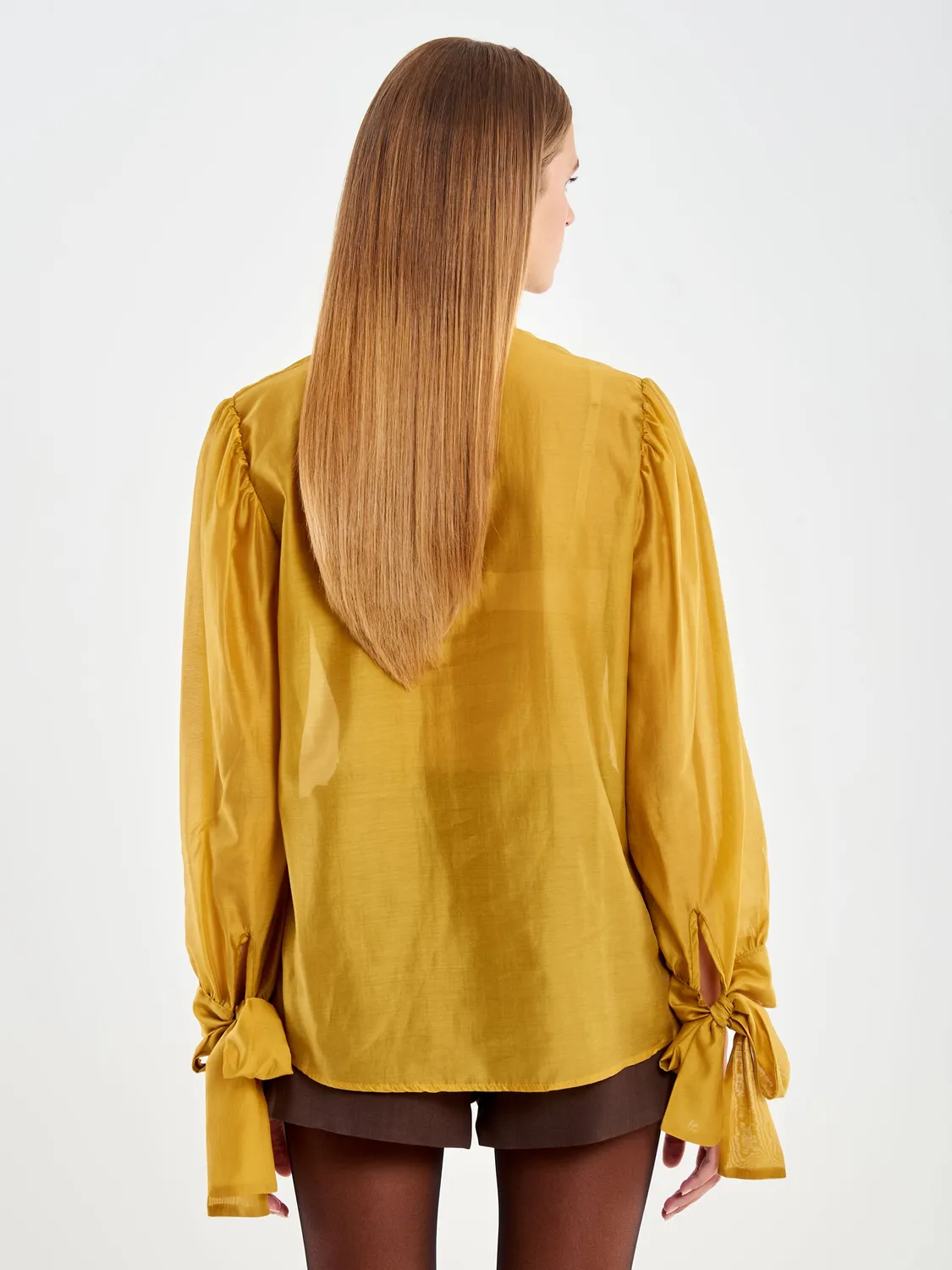 Vicolo camicia voile senape collo annodato S M L lyocell
