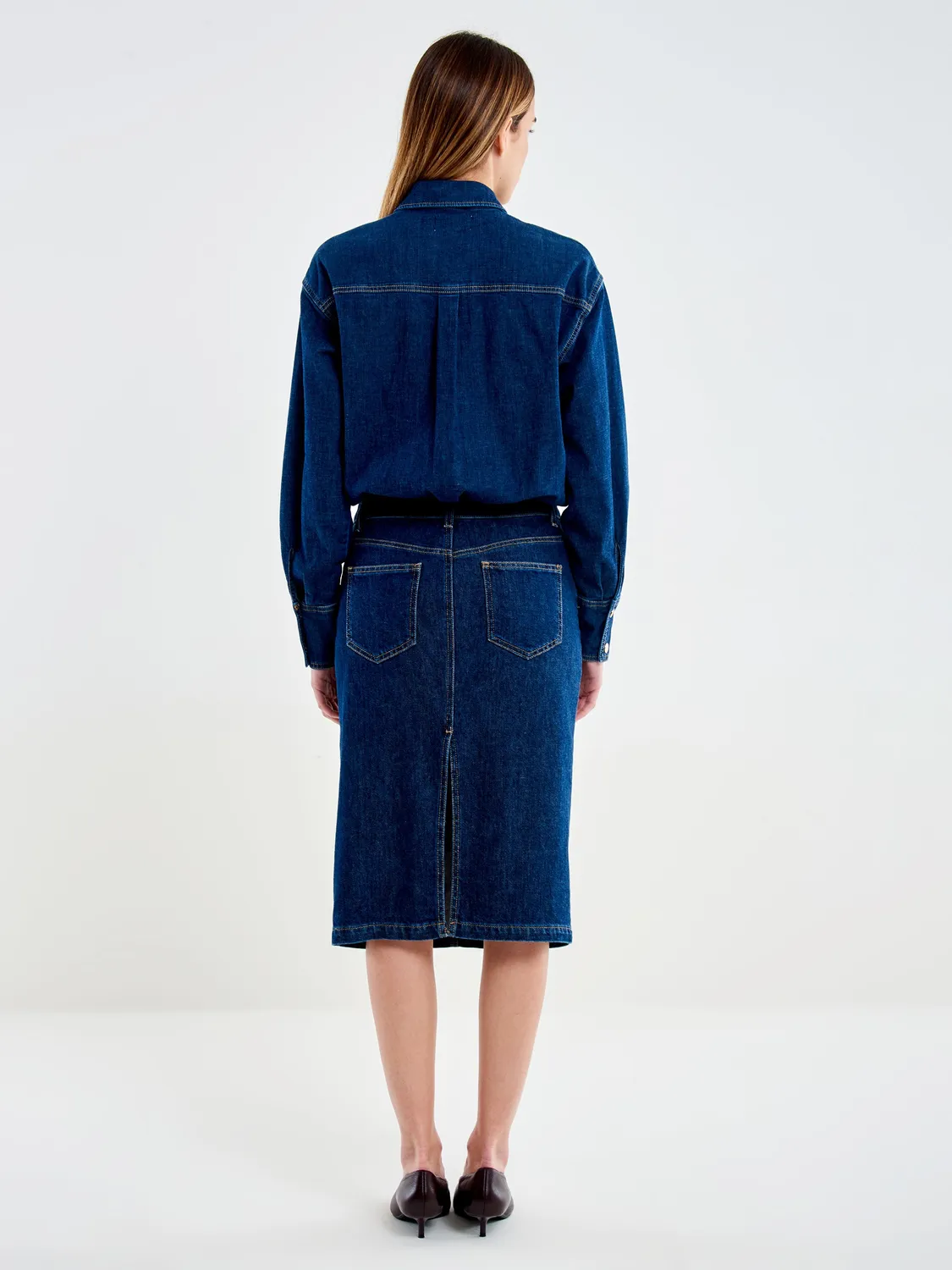 Vicolo abito longuette denim blu elasticizzato con spacco