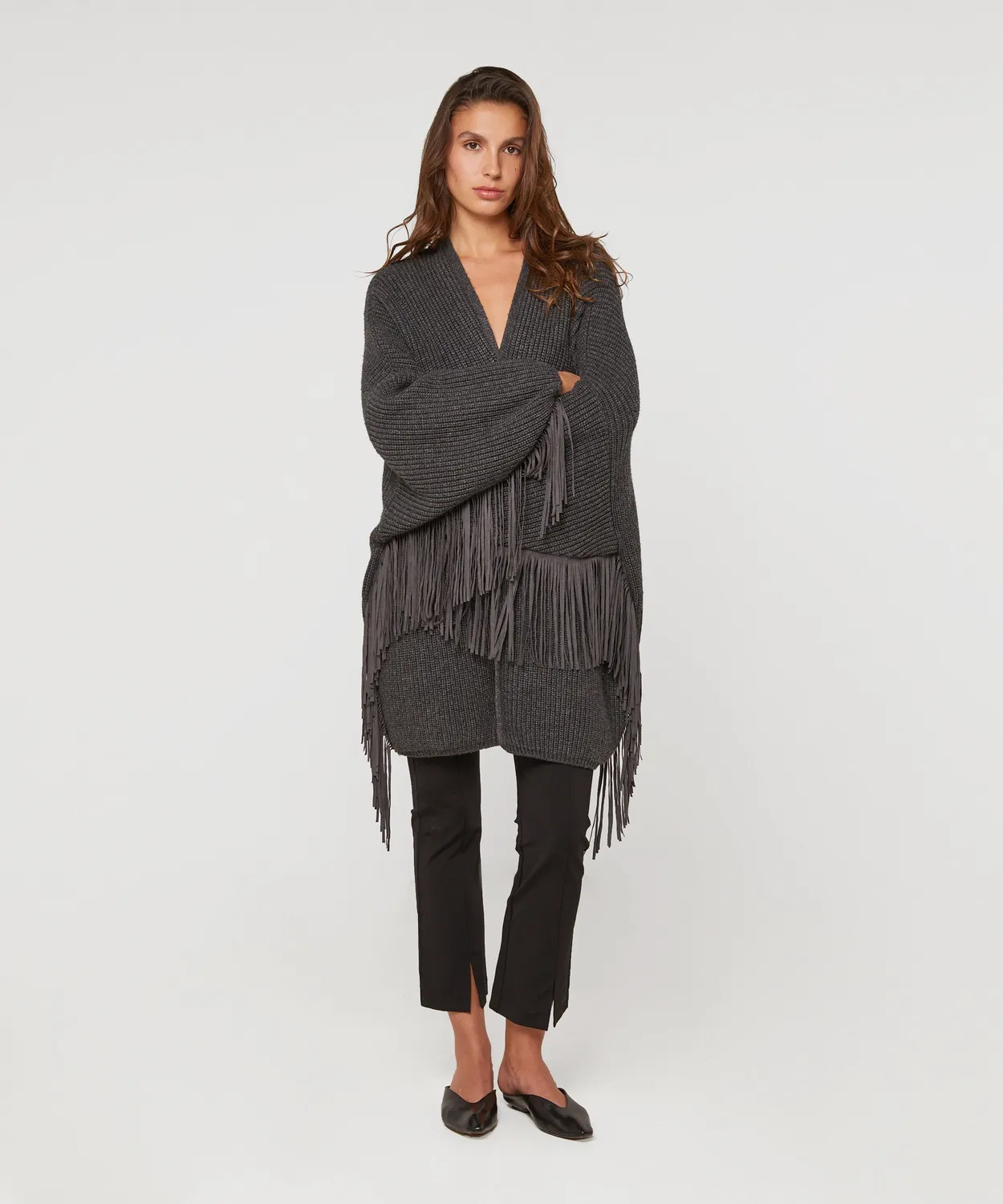 Rodier Cardigan Oversize Frange Lana Grigio Antracite