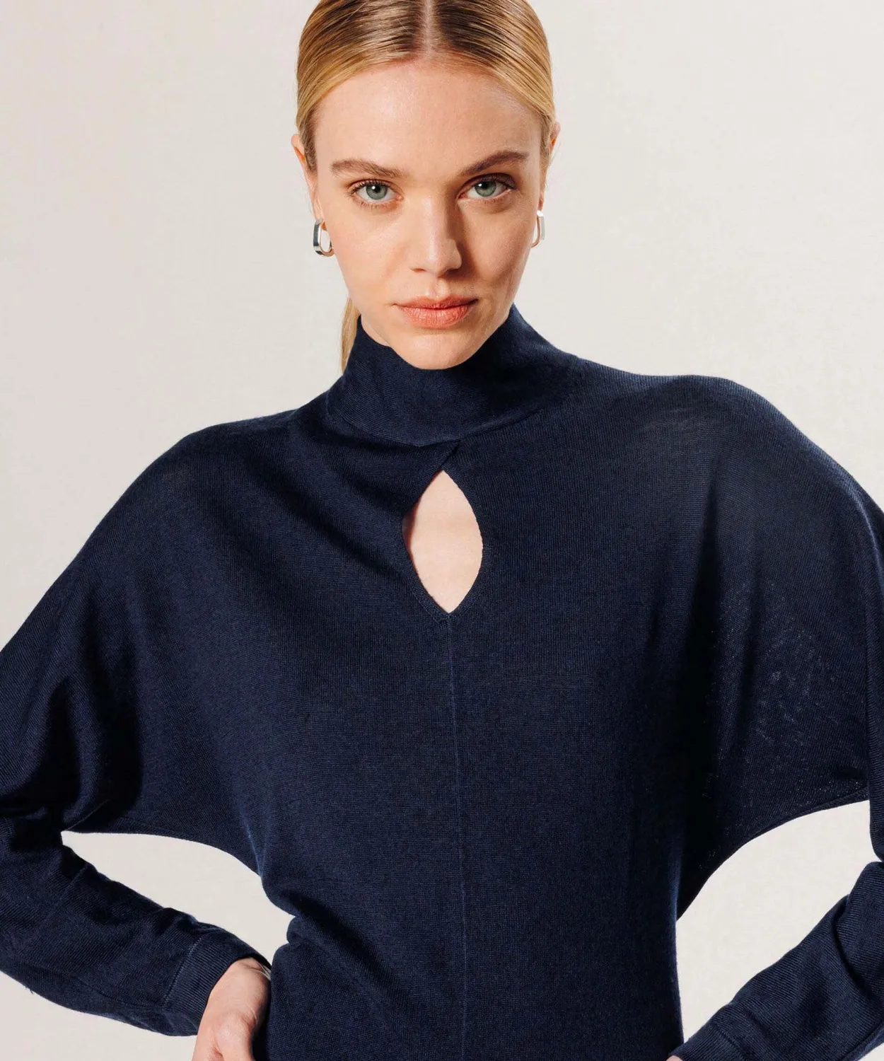 Rodier abito lungo lana merino collo finto blu navy