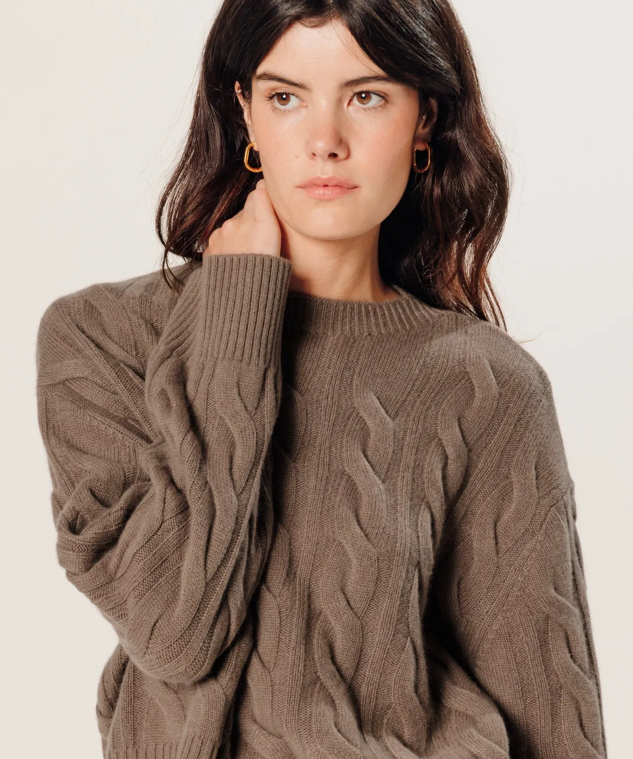 Rodier Maglione corto cashmere trecce marrone havana