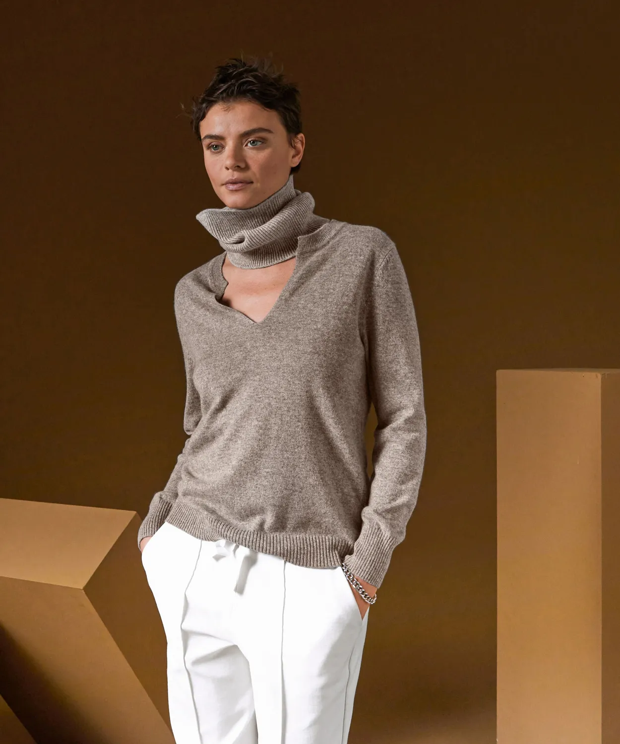 Rodier Maglione Cashmere Collo Tunisino Tortora
