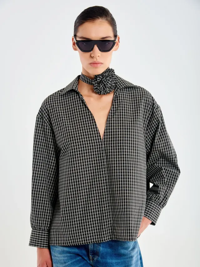 Vicolo Camicia Check con Choker Fiore Nera Cotone