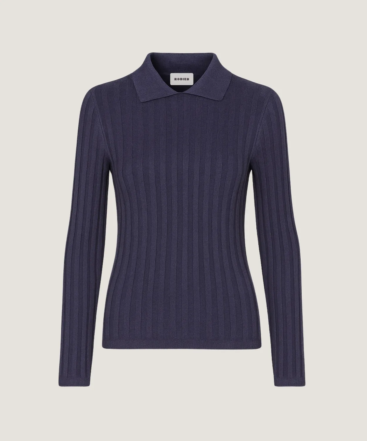 Rodier maglia coste polo blu denim aderente maniche lunghe
