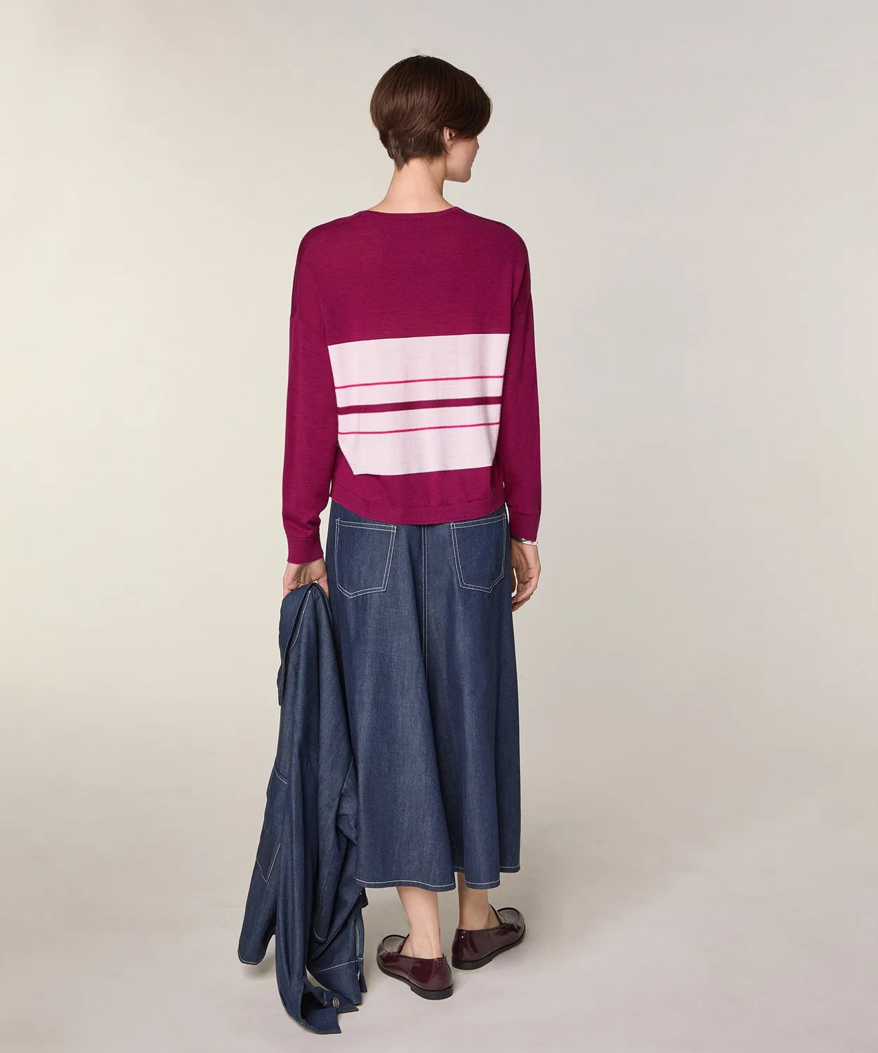 Rodier Maglione Scollo a V Righe Lana Cassis