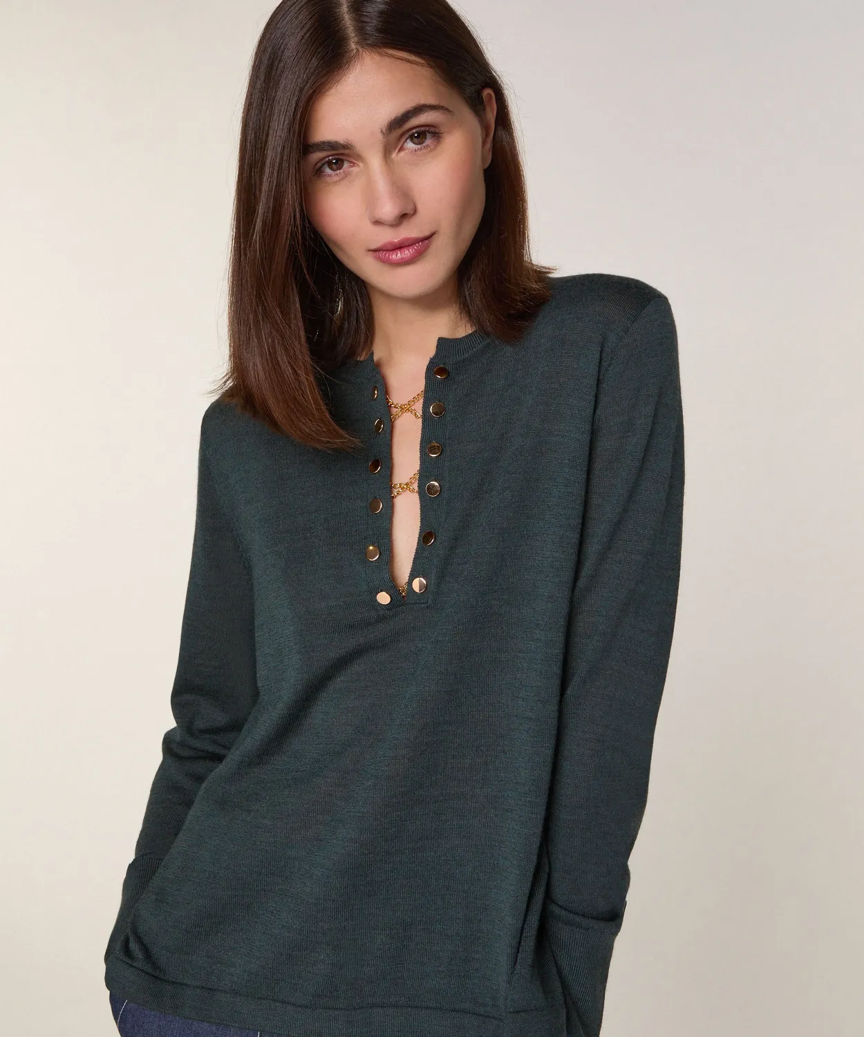 Rodier Maglione Tunisino Verde Grigio Lana Merino Oro