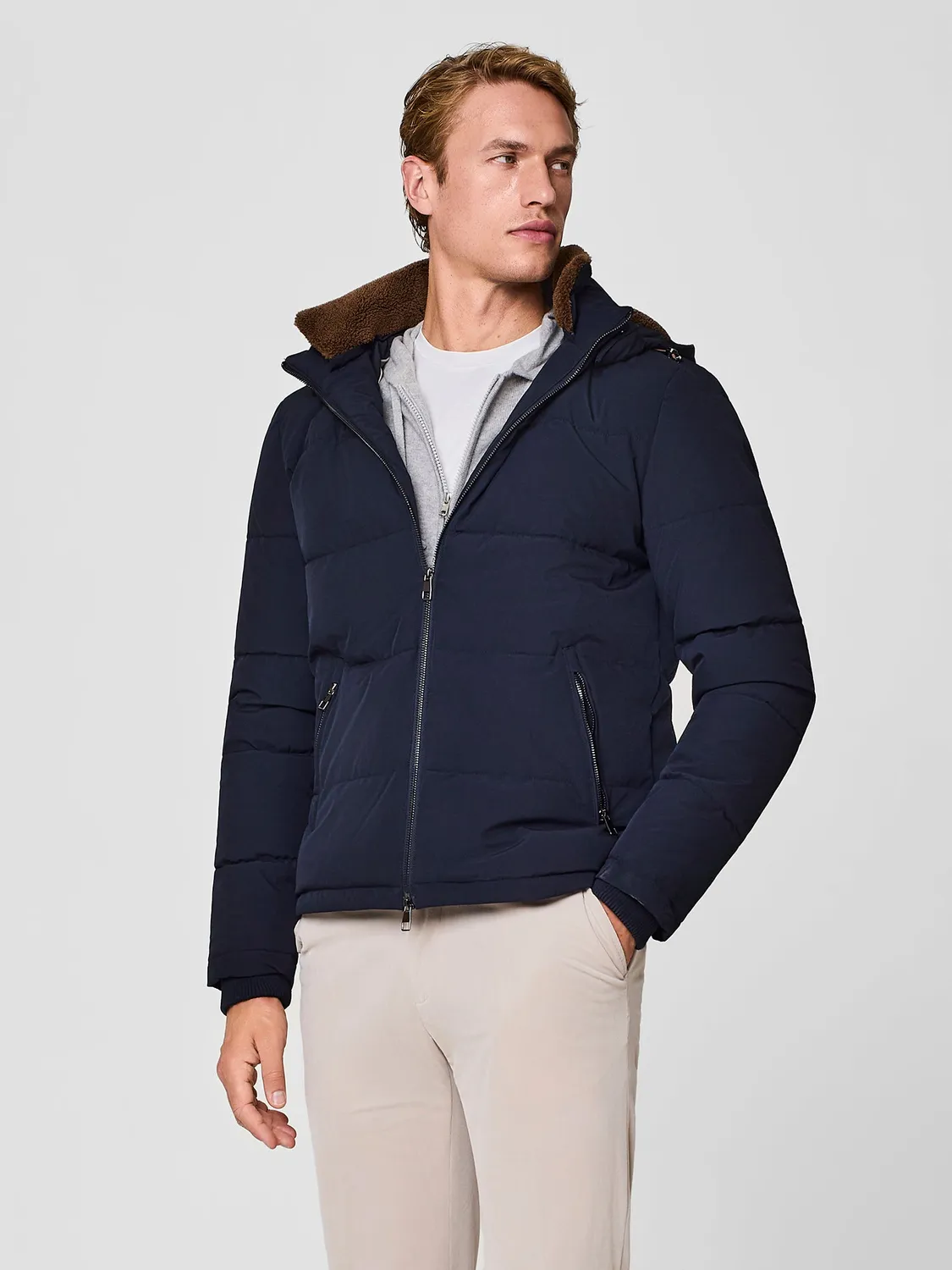 Paul Taylor Piumino Corto Blu Ecopelliccia con Cappuccio