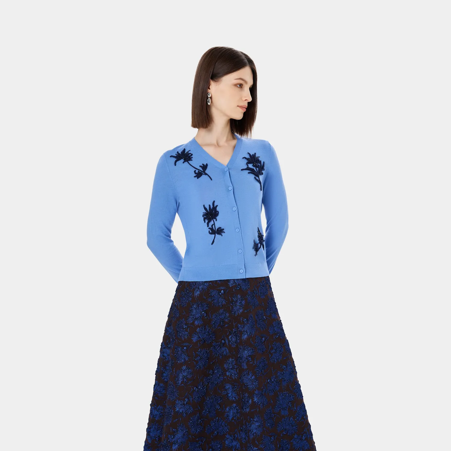 PORTS FW25 Floral cardigan azzurro decoro floreale