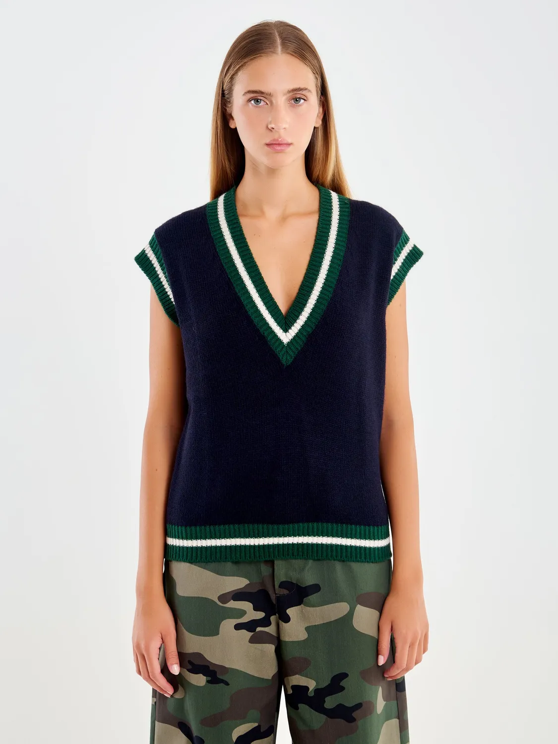 Vicolo College gilet scollo a V blu maglia costine