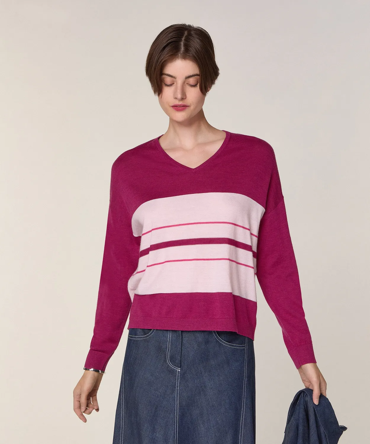 Rodier Maglione Scollo a V Righe Lana Cassis
