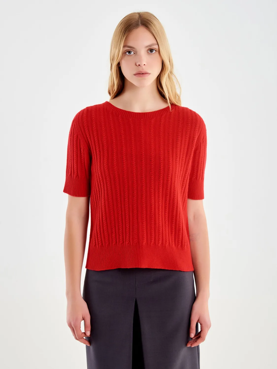 Vicolo T-shirt girocollo maglia rossa trecce cashmere unica