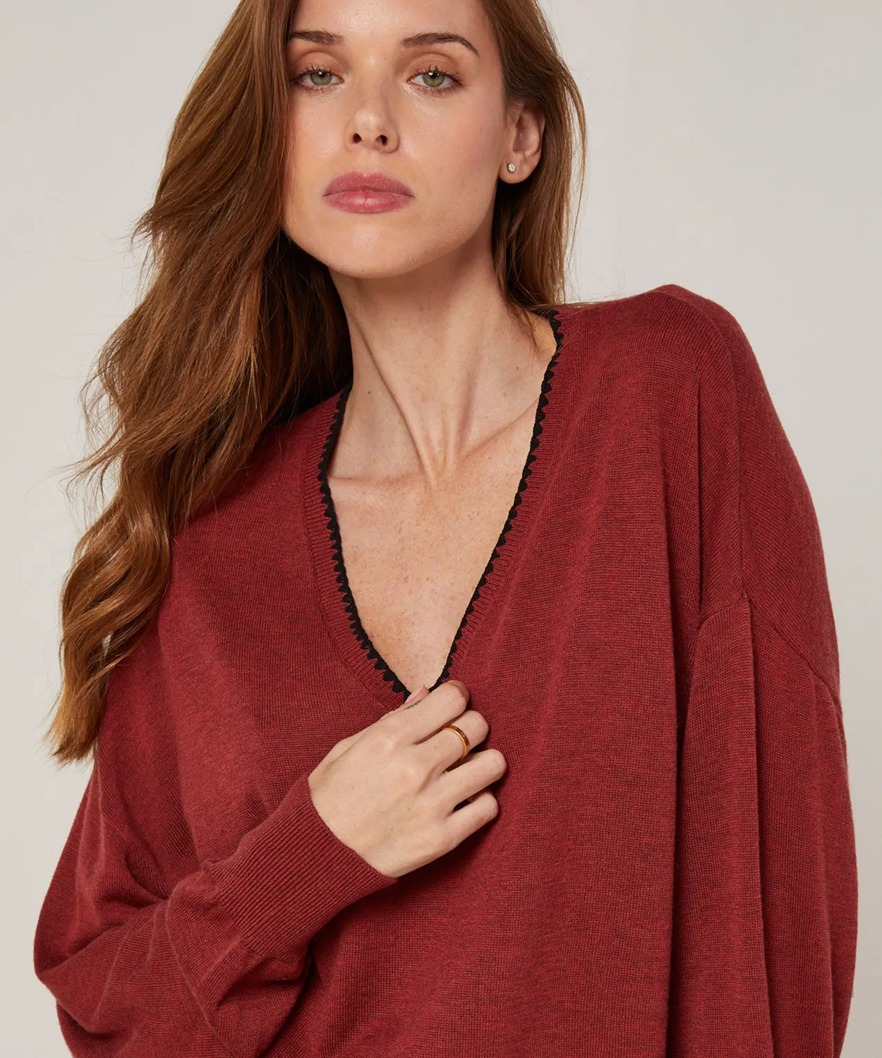 Rodier Maglione Scollo a V Maglia Fine Brique Ampio