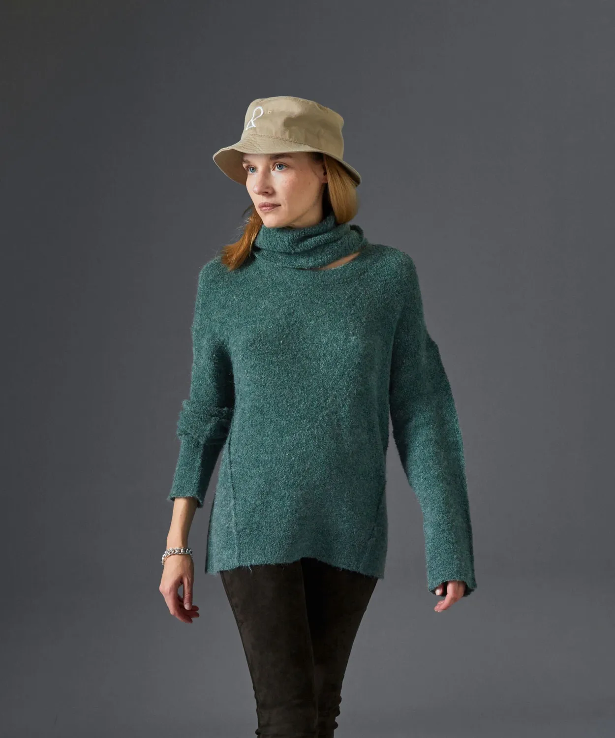 Rodier Maglione Lungo Dolcevita Removibile Verde Grigio Misto Lana