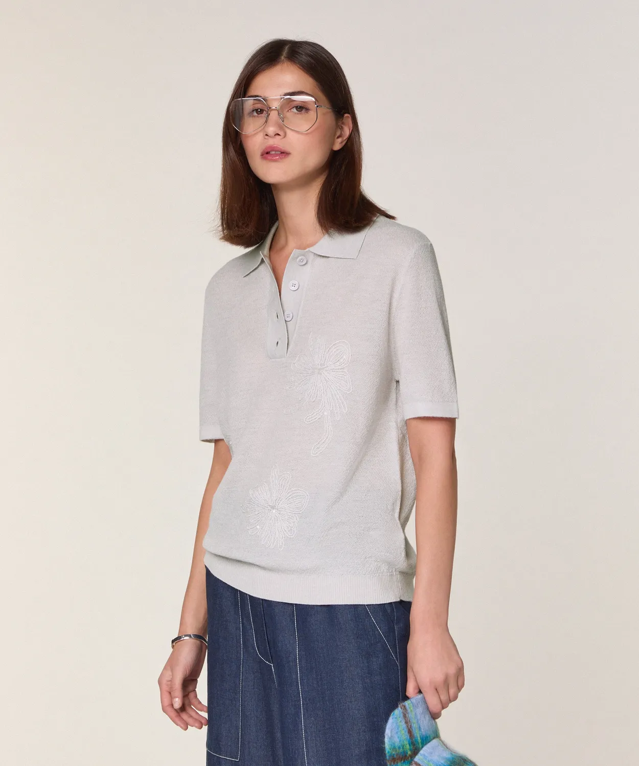 Rodier Polo lana merino manica corta bianco ricamata