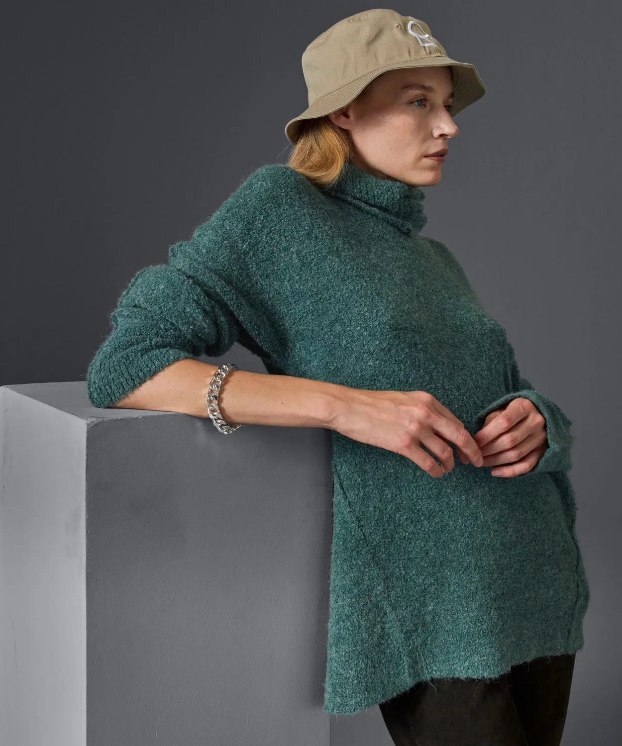 Rodier Maglione Lungo Dolcevita Removibile Verde Grigio Misto Lana