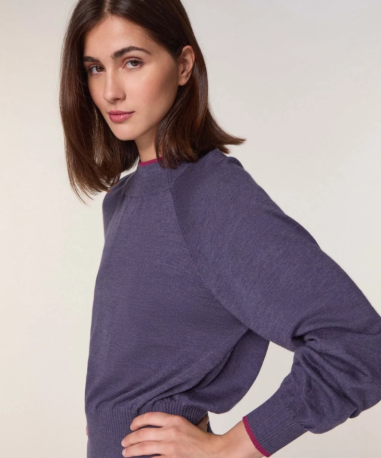 Rodier maglia girocollo merino viola profili contrasto