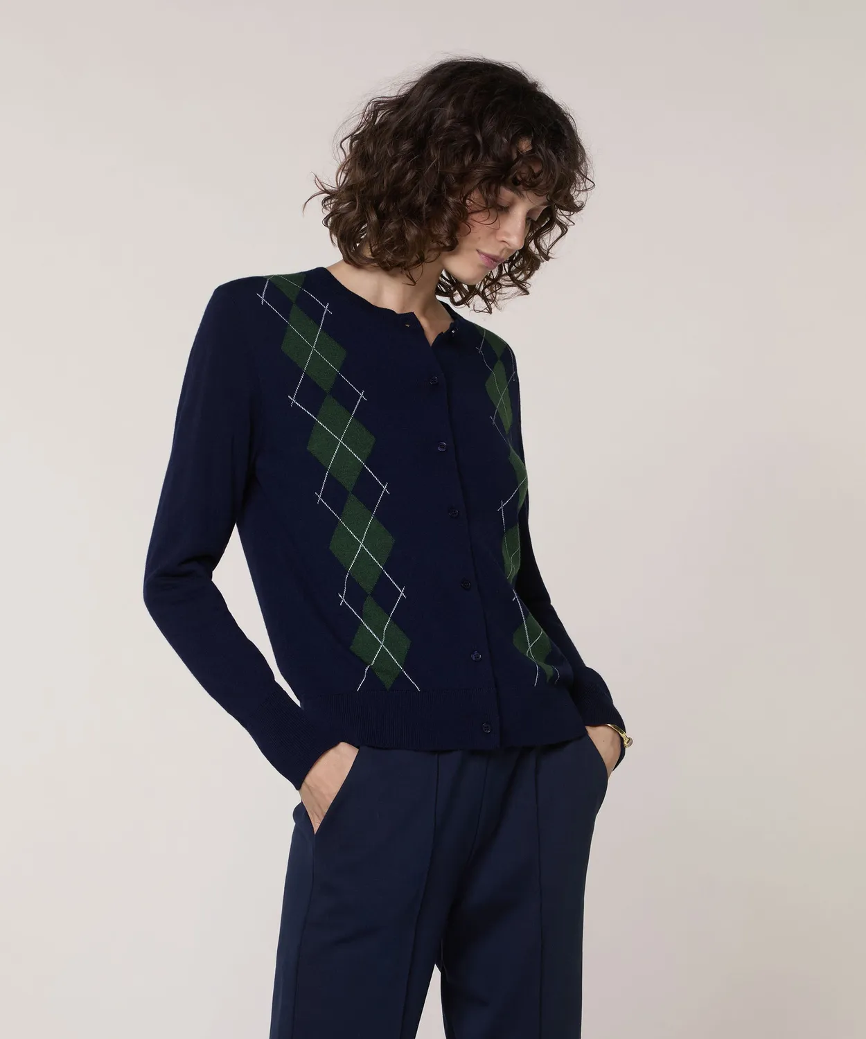 Rodier cardigan jacquard rombi blu navy maglia fine