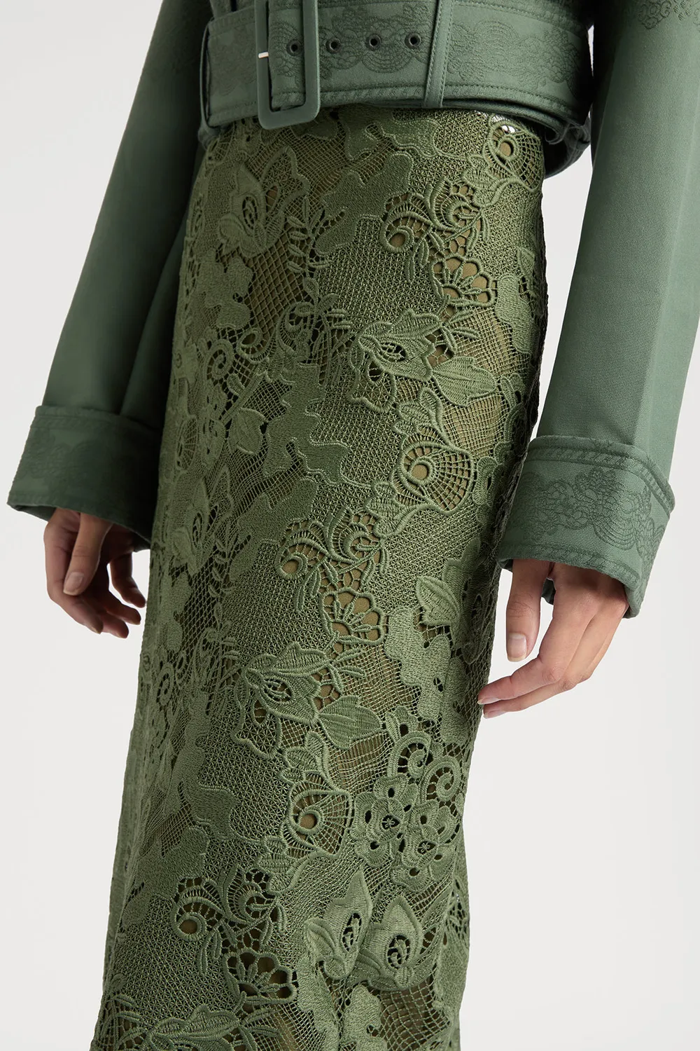 PORTS 1961 Venetian Plaster Pencil Skirt gonna verde pizzo