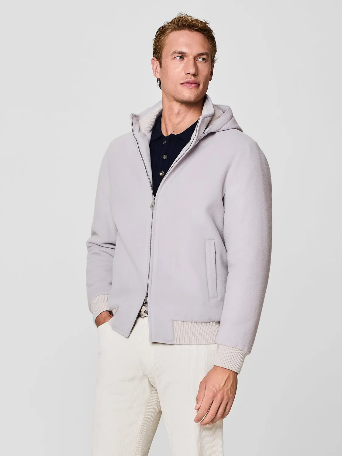 Paul Taylor Bomber Giubbino Stone Velour Lana Cappuccio