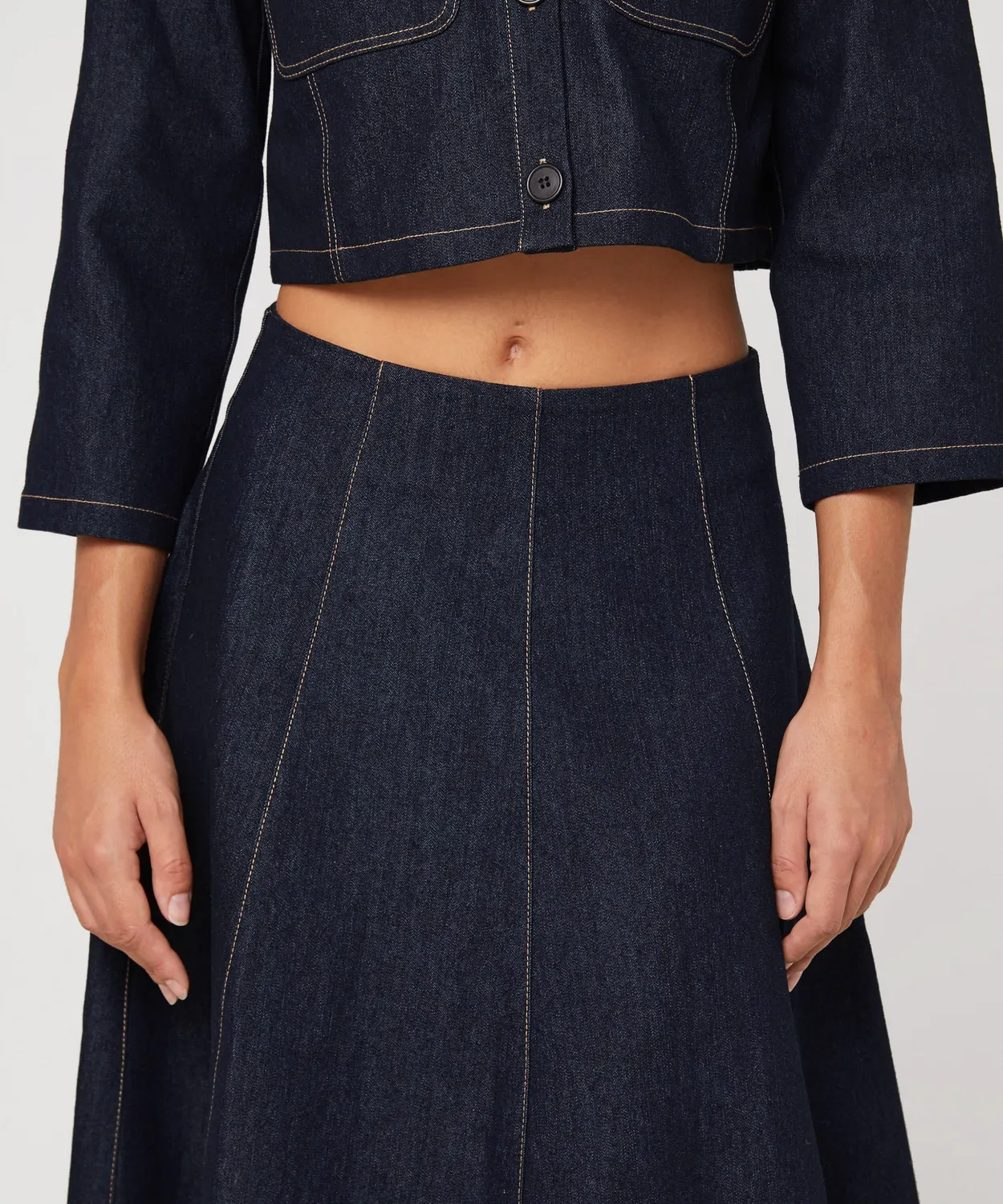 Rodier gonna svasata denim midi blu denim vita alta