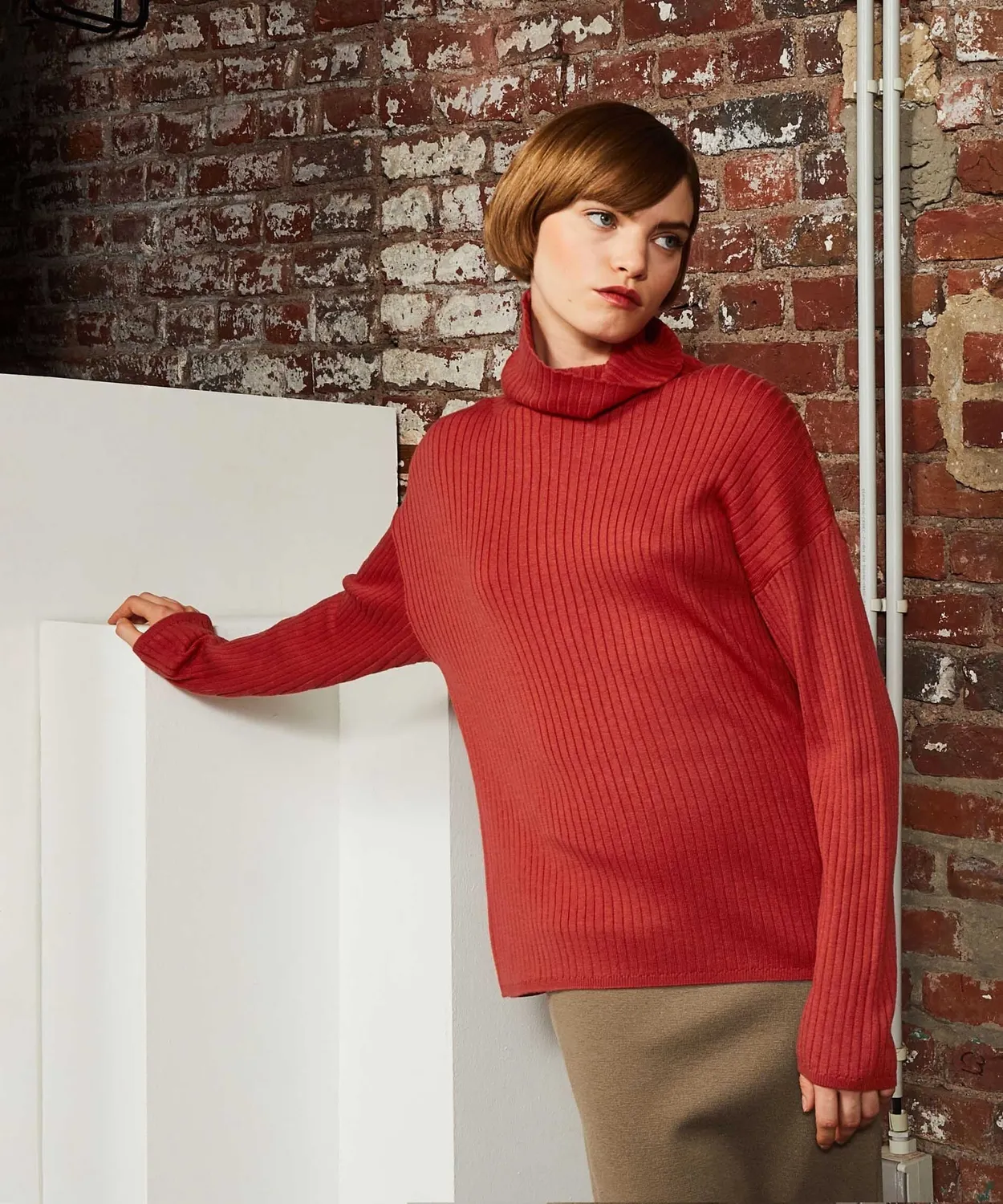 Rodier Maglione Dolcevita Coste Ampia Arancio Ruggine