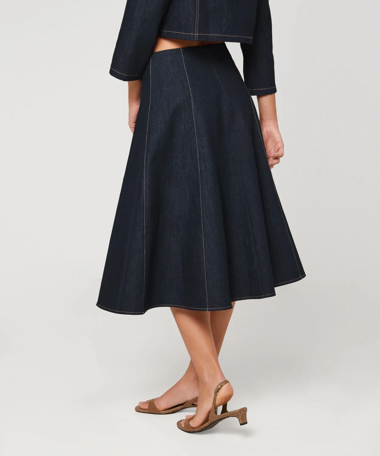 Rodier gonna svasata denim midi blu denim vita alta