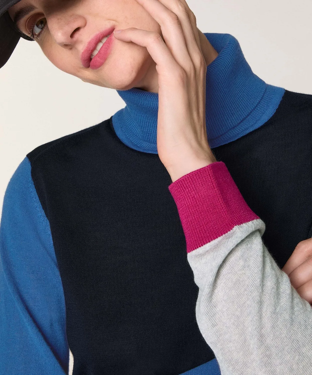 Rodier maglione dolcevita color block blu navy merino