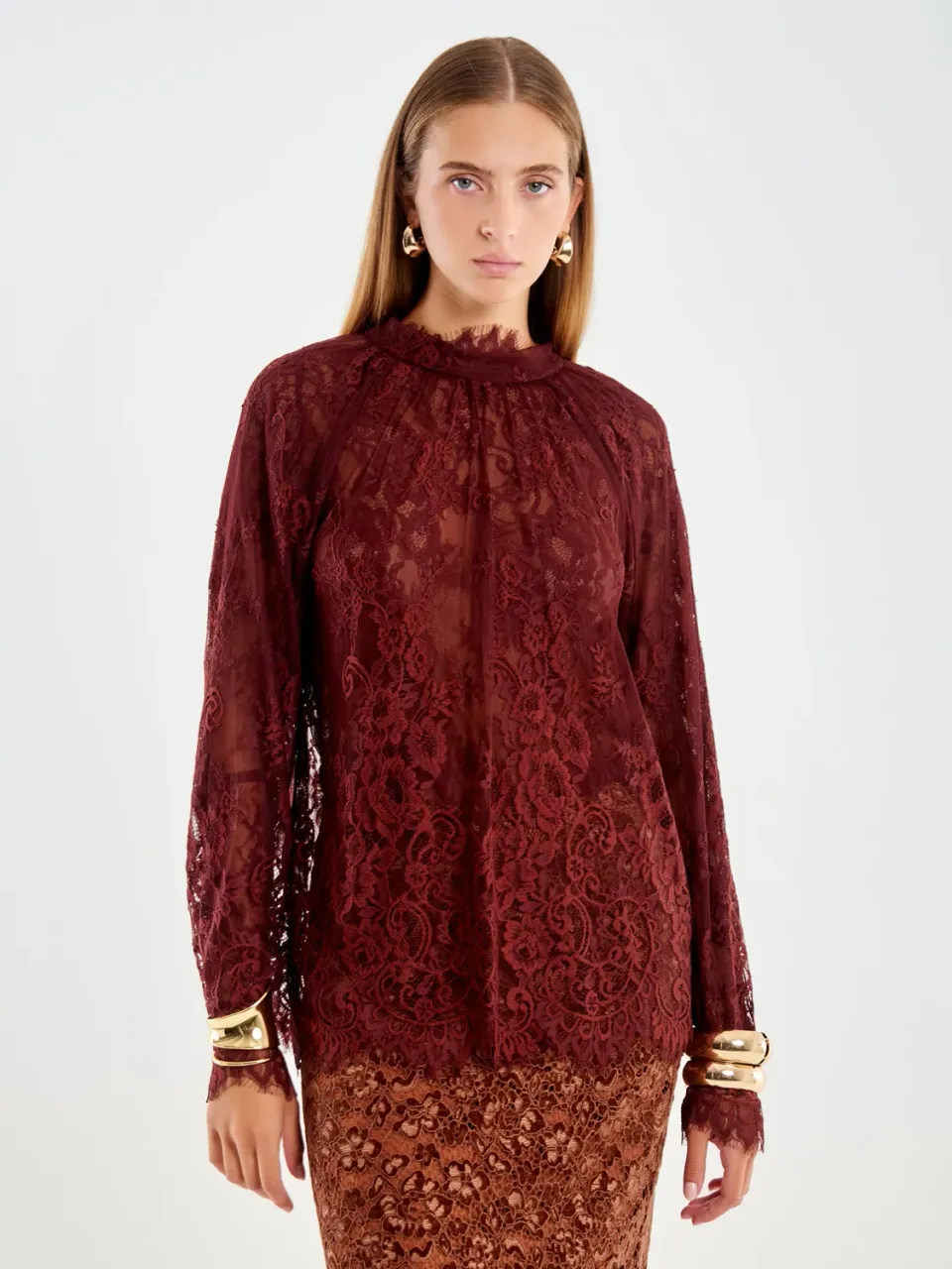 Vicolo Blusa Pizzo Collo Alto Bordeaux Maniche Lunghe