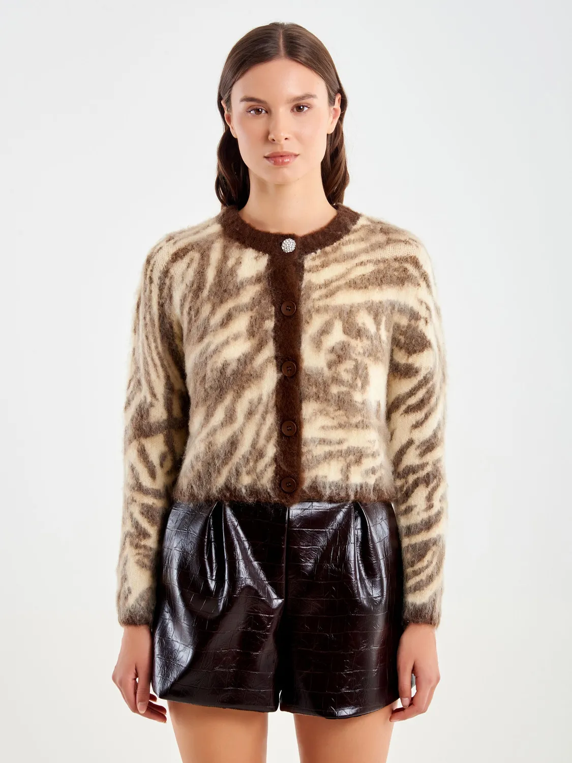 Vicolo Cardigan Zebrato Bottone Gioiello Beige Unica