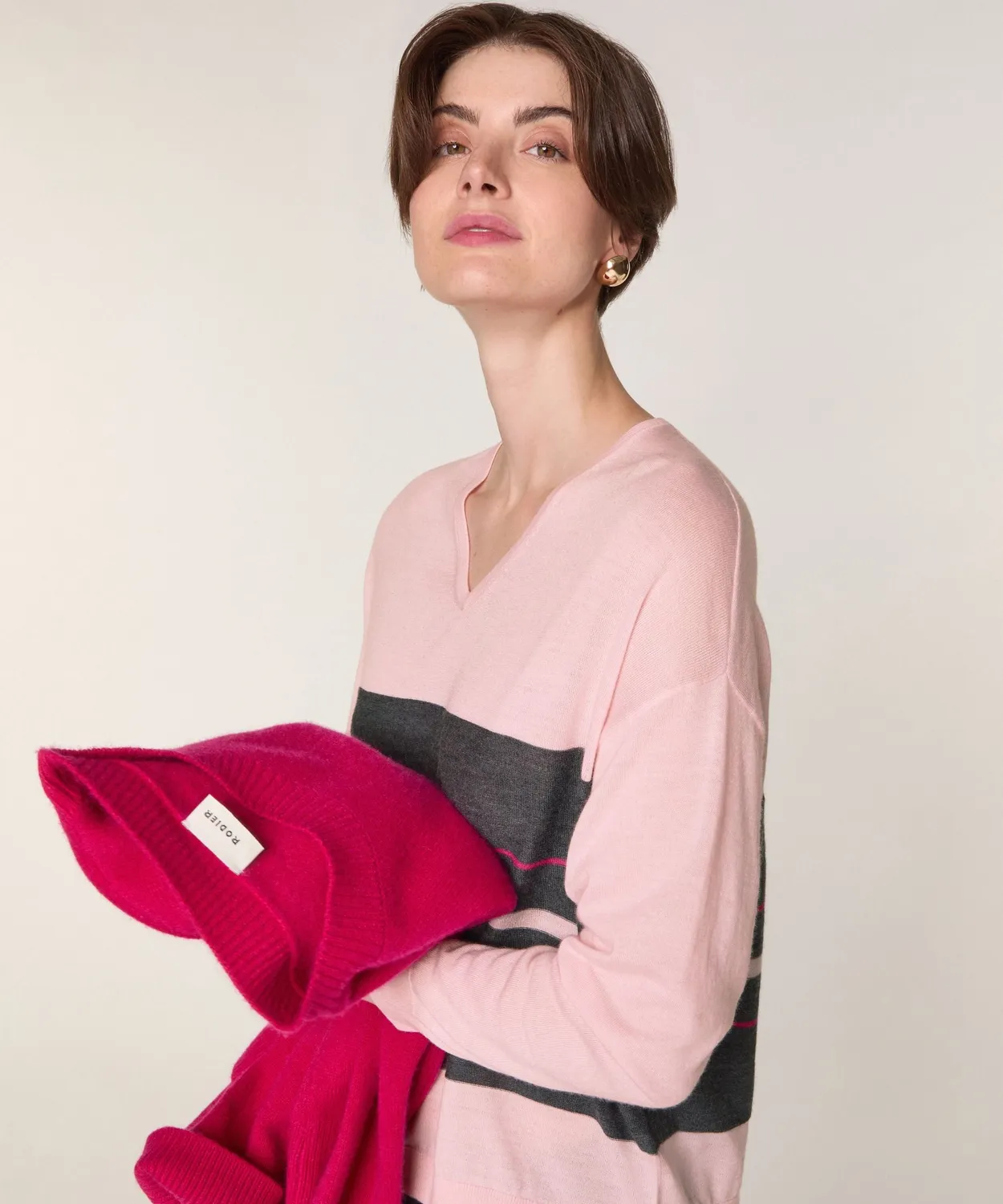 Rodier maglione scollo V righe merino rosa perla