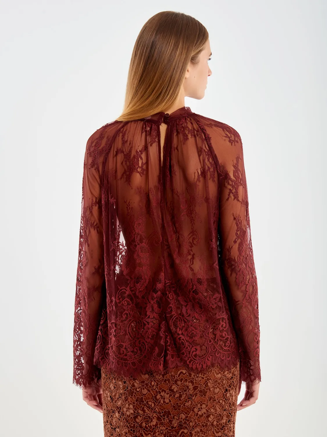 Vicolo Blusa Pizzo Collo Alto Bordeaux Maniche Lunghe