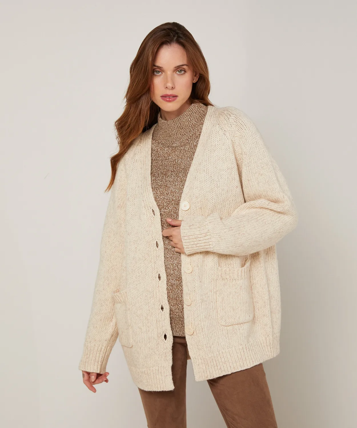 Rodier cardigan oversize traforato avorio cotone lana
