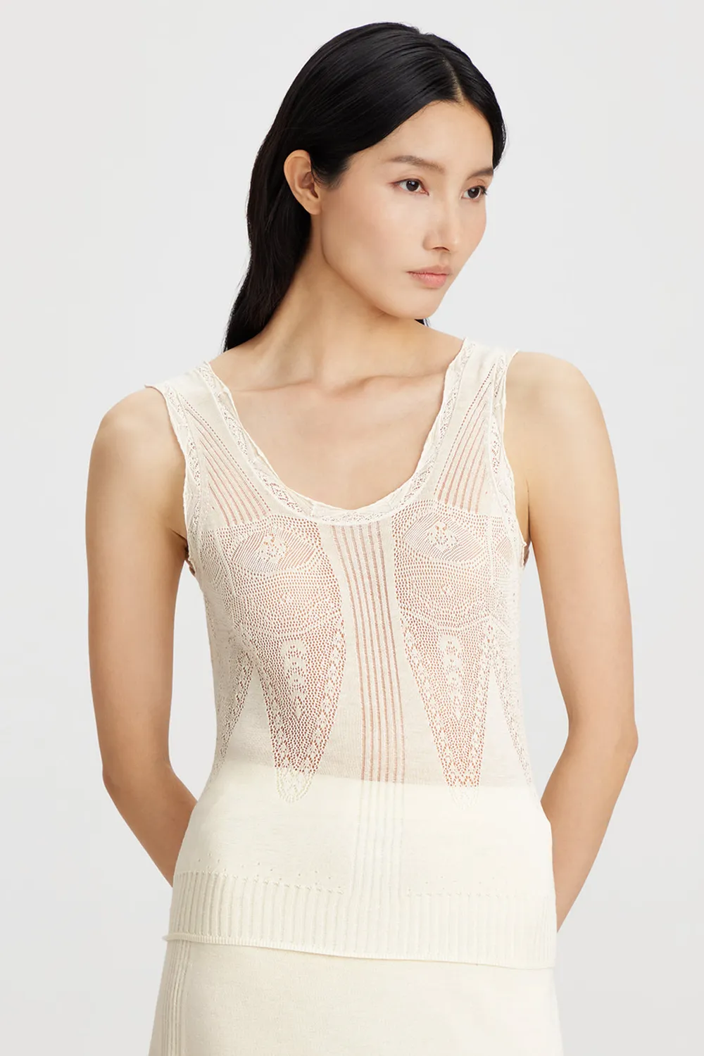 PORTS Lace Knit top crema scollo U pizzo