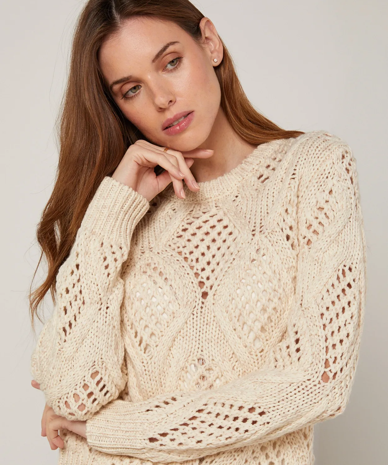 Rodier Maglia Traforata Maglione Avorio Cotone Lana