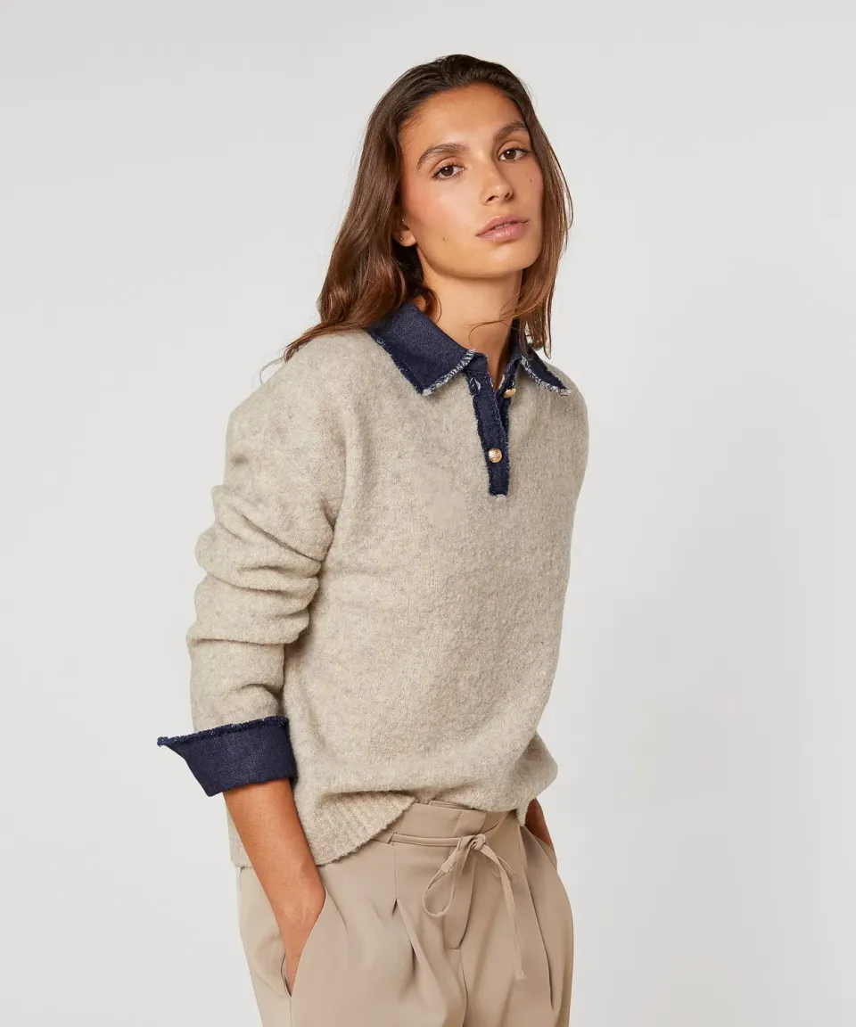 Rodier Maglione Polo Bimateriale Beige Melange
