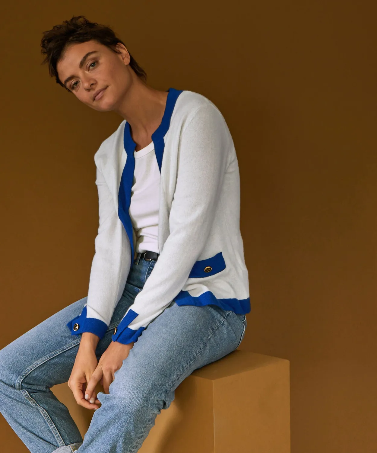 Rodier Cardigan Bicolore Cashmere Bianco 2 Fili Donna