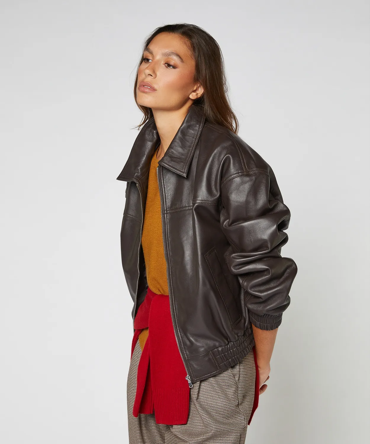 Rodier bomber pelle agnello bark brown oversize zip